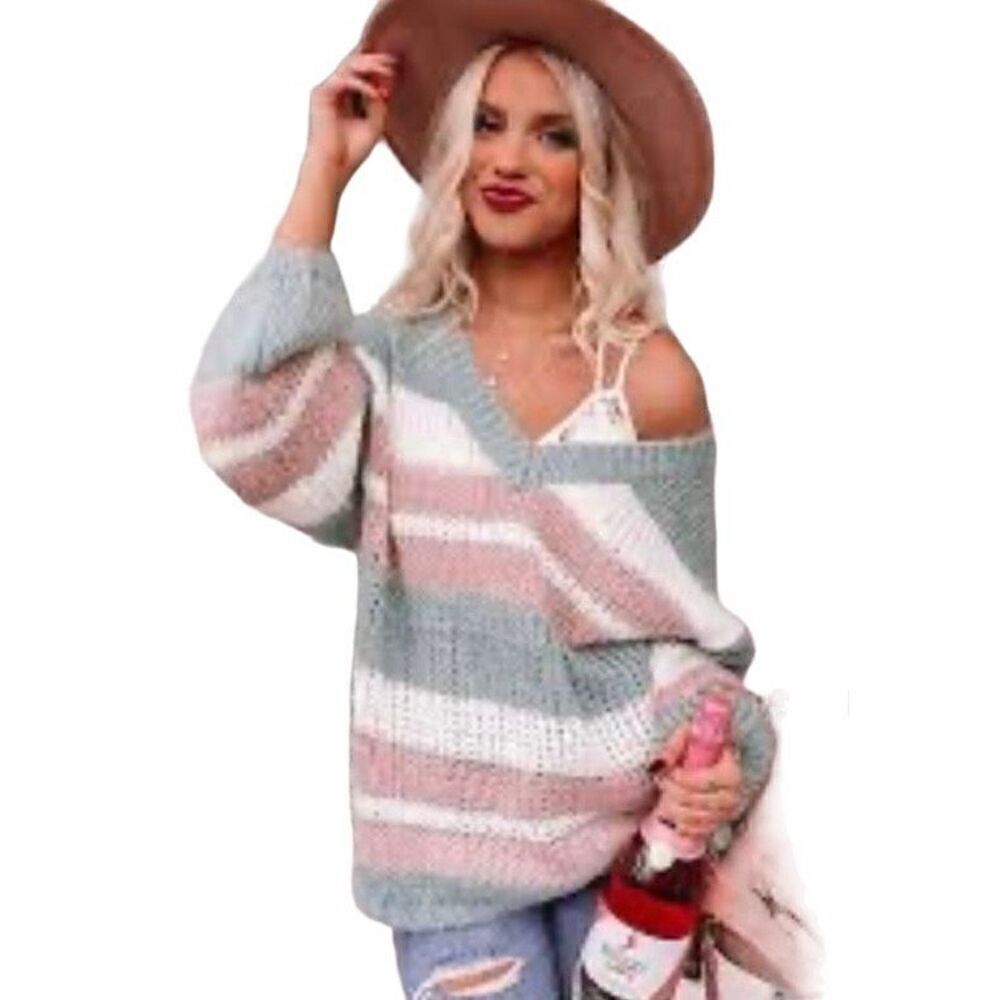 Pink Lilly women’s V-neck striped puffy sleeve sweater size ￼Med